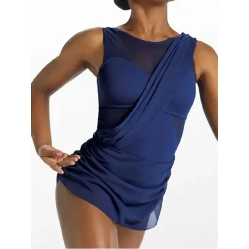 WEISSMAN Balera Dance navy blue Costume Asymmetrical Mesh Drape Dress D11450 MA